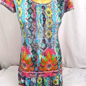 V Cristina VC01 Colorful Fleur De Lis with Bottom Ruffle Blouse Small